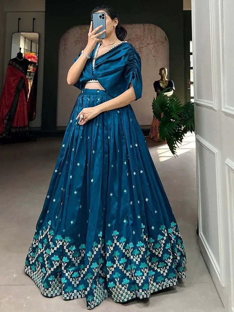 Marvelous Teal Blue Embroidered Silk Festival Wear Crop Top Lehenga