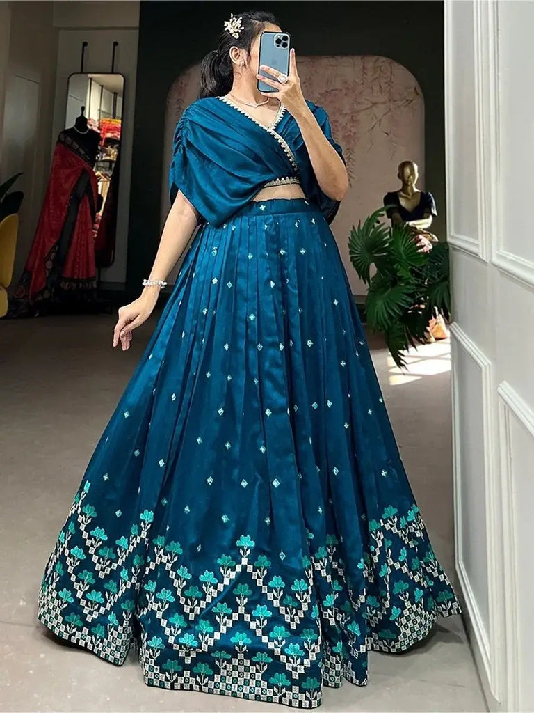 Marvelous Teal Blue Embroidered Silk Festival Wear Crop Top Lehenga