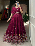 Gorgeous Wine Embroidered Silk Reception Wear Crop Top Lehenga