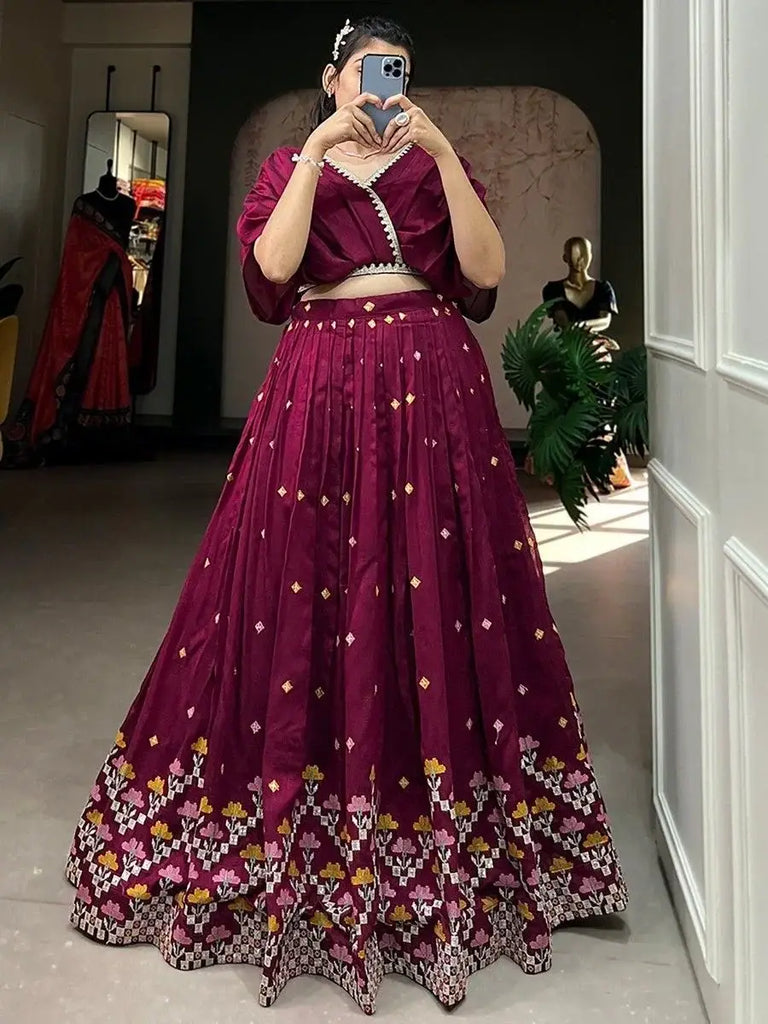 Gorgeous Wine Embroidered Silk Reception Wear Crop Top Lehenga