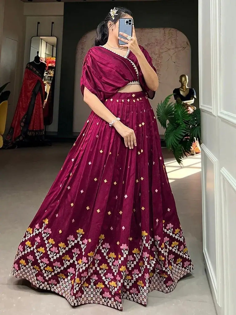 Gorgeous Wine Embroidered Silk Reception Wear Crop Top Lehenga