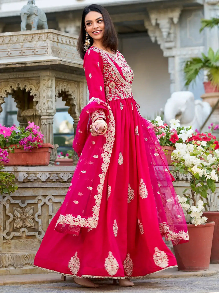 Amazing Pink Thread Embroidery Designer Gown With Net Dupatta