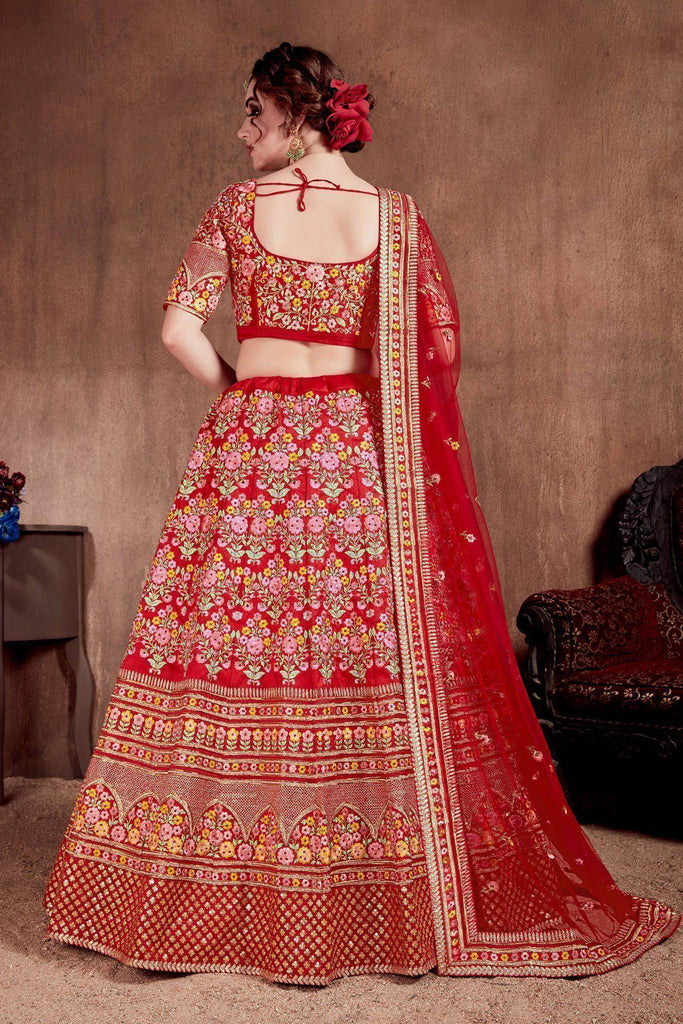 Red Embroidered Art Silk Bridal Lehenga Choli with Two Dupattas