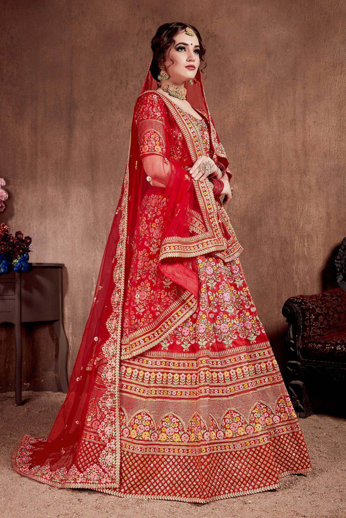 Red Embroidered Art Silk Bridal Lehenga Choli with Two Dupattas