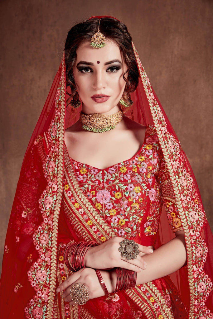 Red Embroidered Art Silk Bridal Lehenga Choli with Two Dupattas