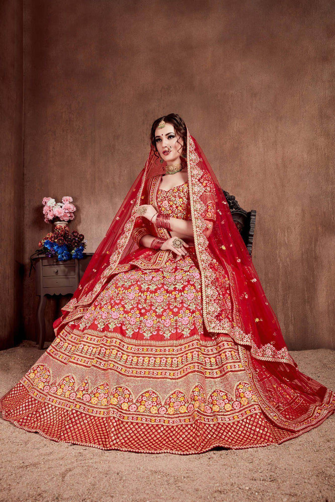 Red Embroidered Art Silk Bridal Lehenga Choli with Two Dupattas