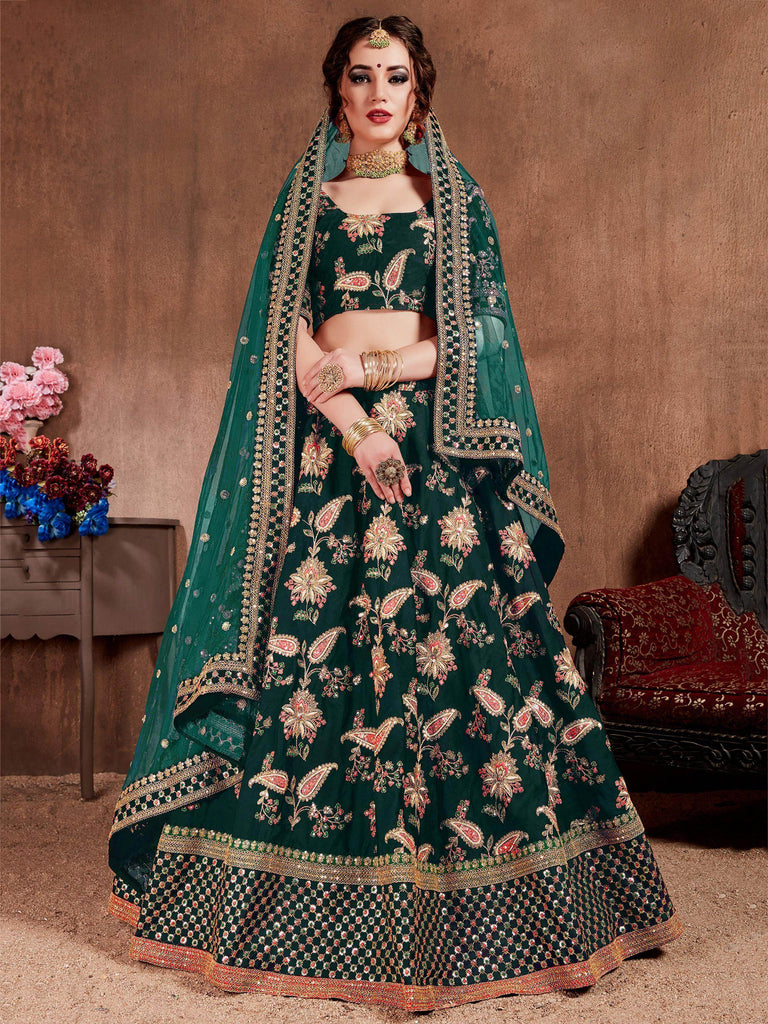 Bottle Green Embroidered Taffeta Silk Bridal Wear Lehenga Choli