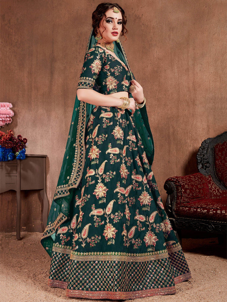 Bottle Green Embroidered Taffeta Silk Bridal Wear Lehenga Choli
