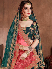 Bottle Green Embroidered Taffeta Silk Bridal Wear Lehenga Choli
