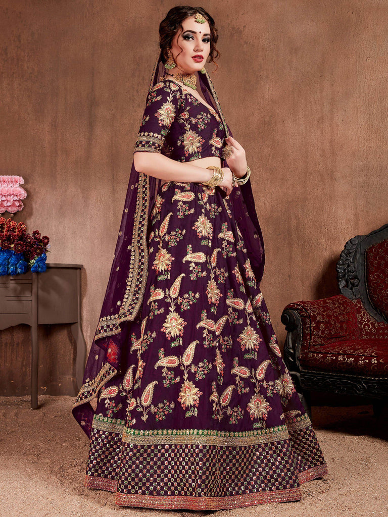 Purple Embroidered Taffeta Bridal Wear Lehenga Choli