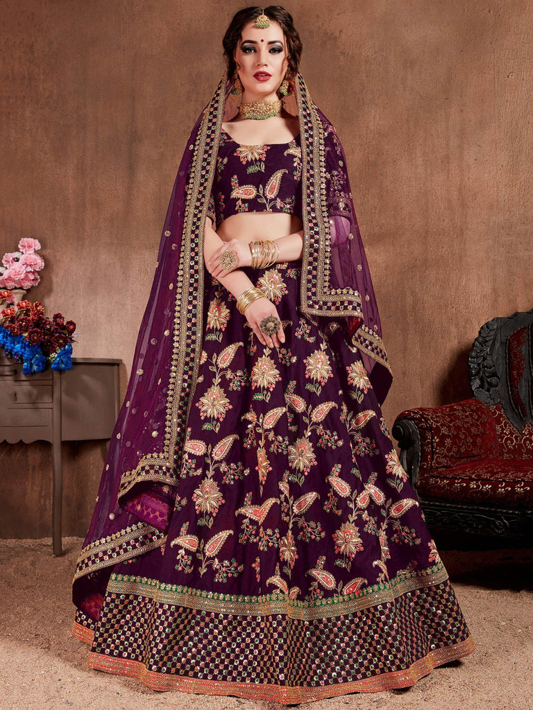Purple Embroidered Taffeta Bridal Wear Lehenga Choli