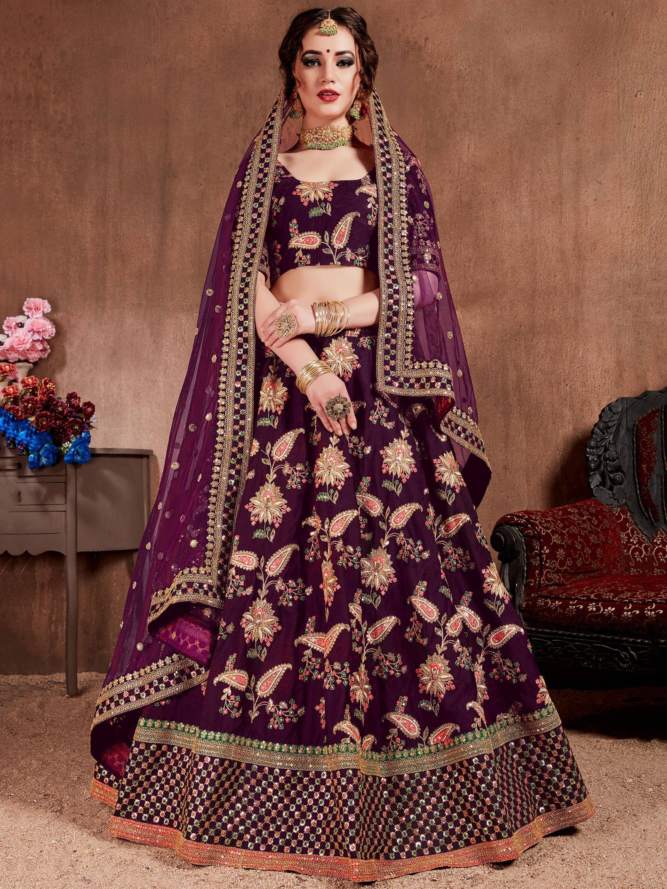 Purple designer lehenga choli with gold floral embroidery and matching dupatta for Indian weddings