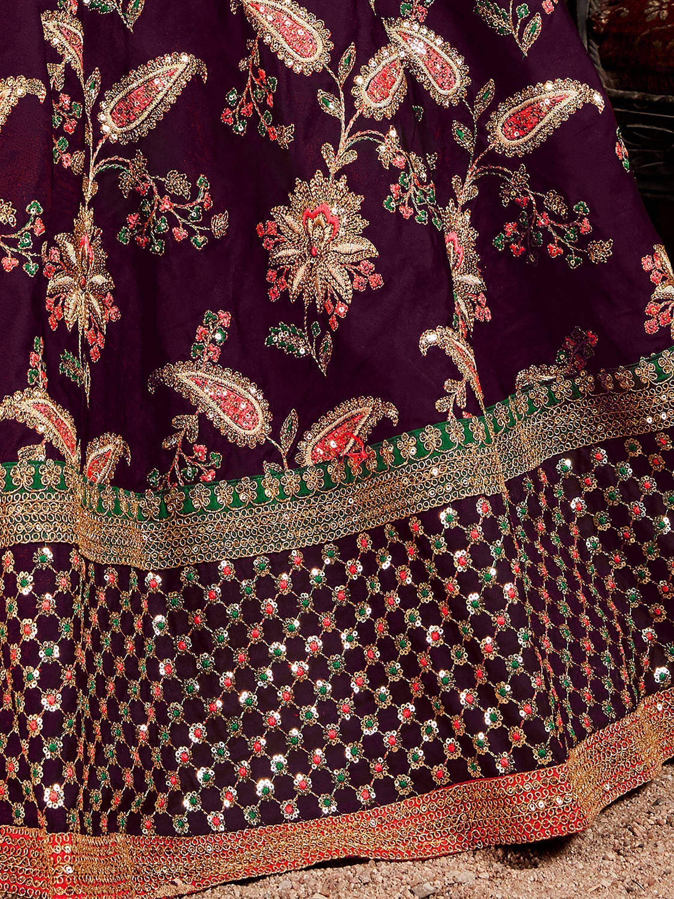 Purple designer lehenga with gold paisley and floral embroidery, perfect for Indian ethnic wear