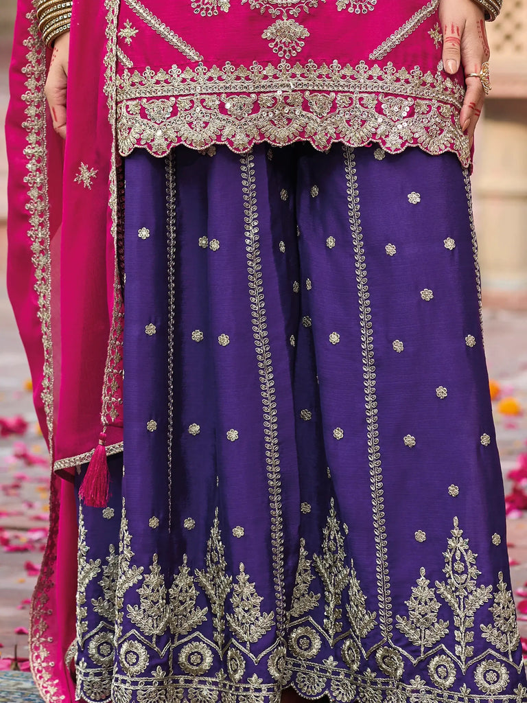 Alluring Pink Embroidered Chinon Wedding Palazzo Suit With Dupatta