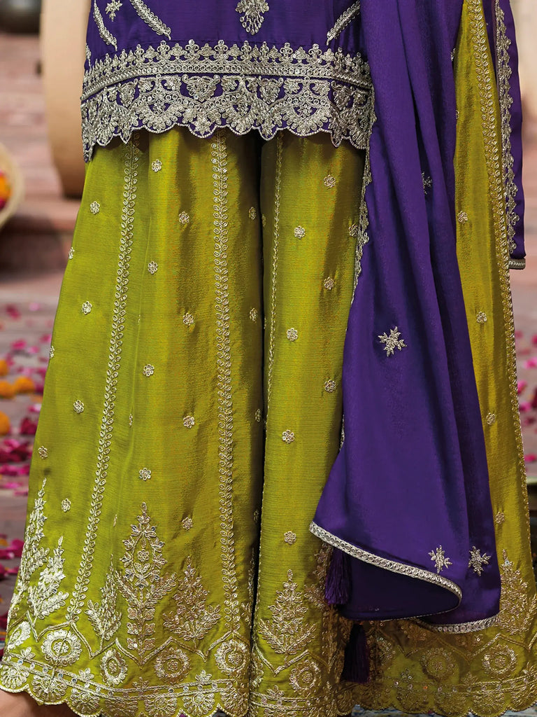 Attractive Purple Embroidered Chinon Eid Special Palazzo Suit