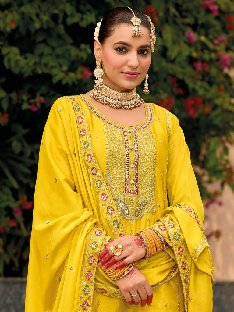 Amazing Yellow Sequins Chinon Haldi Wear Palazzo Suit With Dupatta