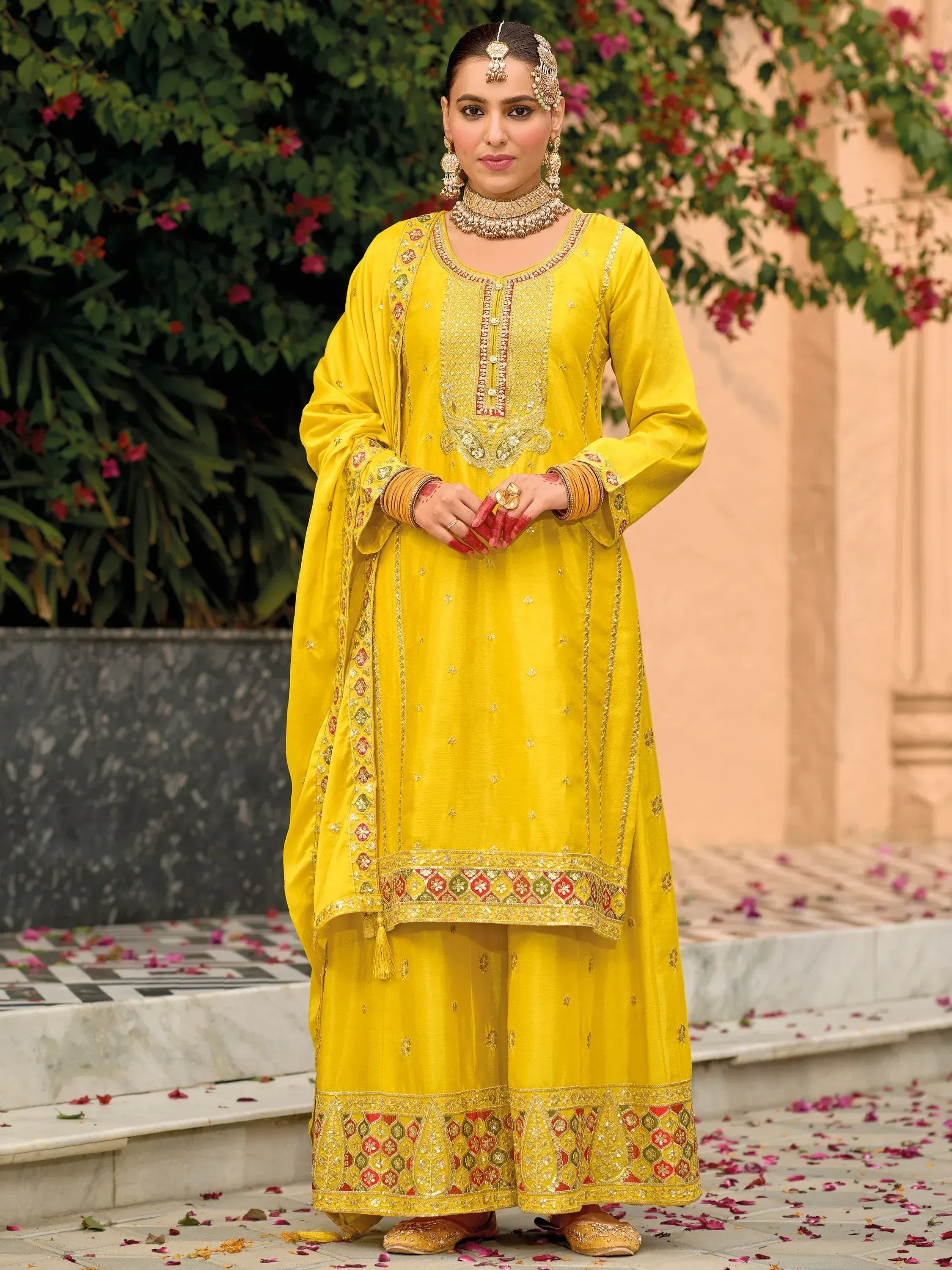 Yellow embroidered salwar kameez with dupatta, traditional Indian ethnic wear for women