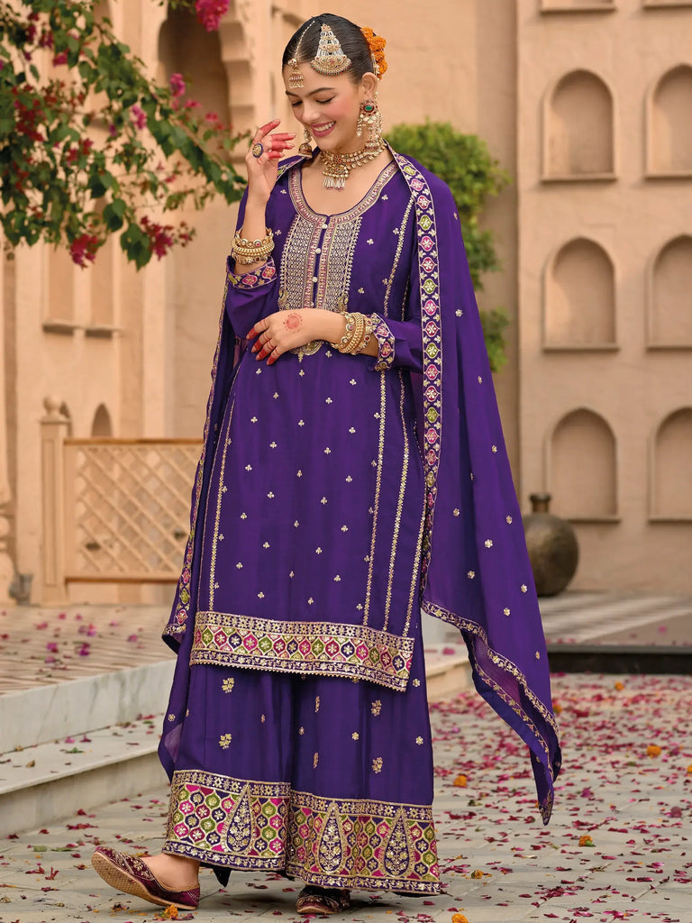 Marvelous Purple Sequins Chinon Festival Wear Palazzo Suit With Dupatta