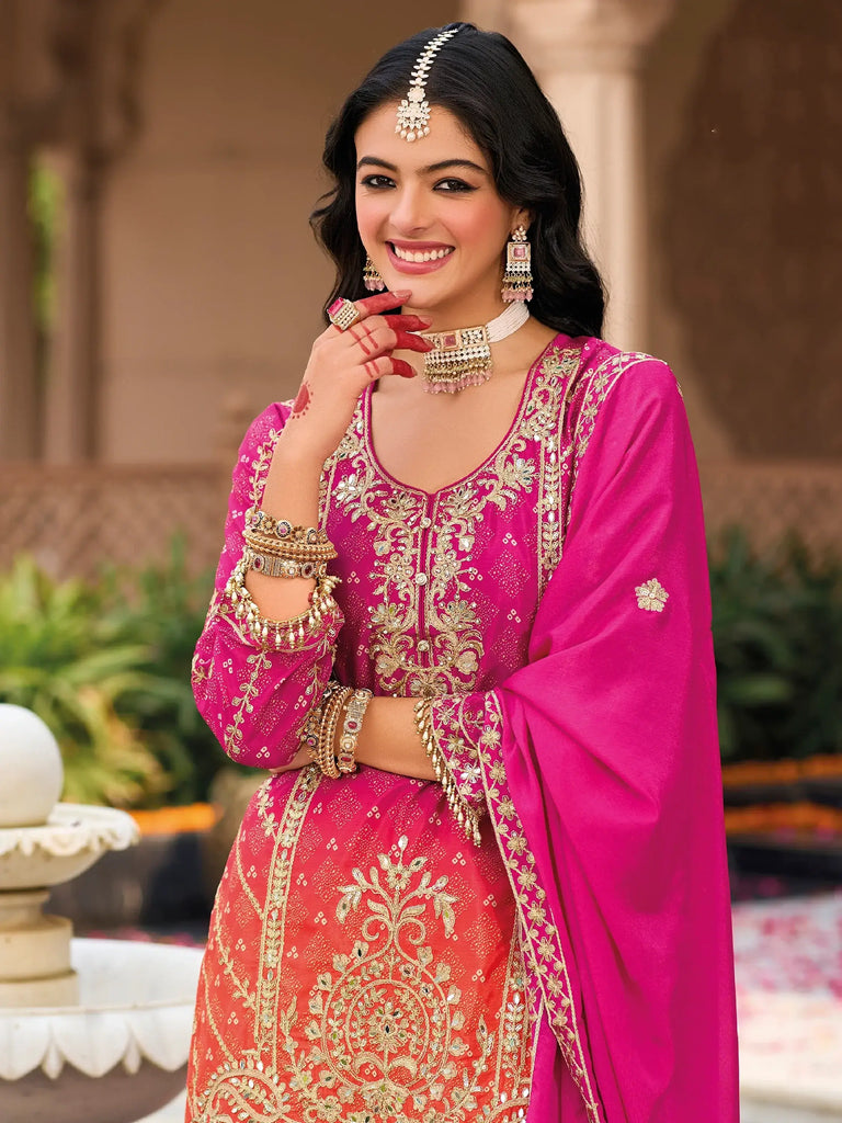 Captivating Pink Embroidered Chinon Eid Special Palazzo Suit