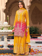 Pretty Yellow Embroidered Chinon Haldi Wear Palazzo Suit With Dupatta