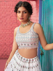 Outstanding White Sequins Georgette Lehenga Choli With Dupatta
