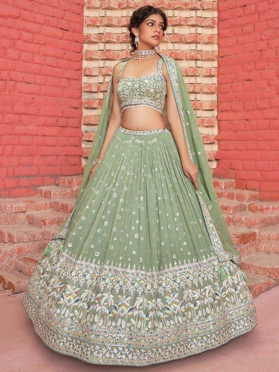 Awesome Sage Green Sequins Georgette Mehendi Wear Lehenga Choli
