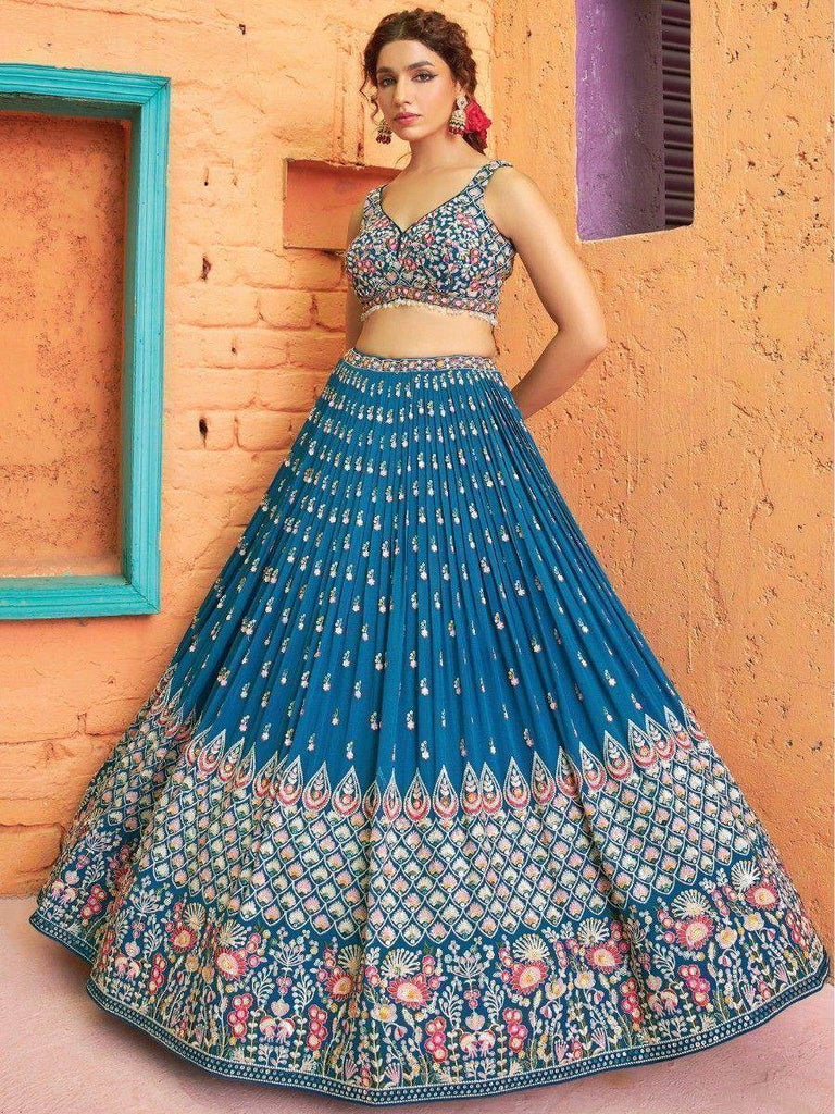Stunning Blue Sequins Georgette Bridesmaid Lehenga Choli With Dupatta