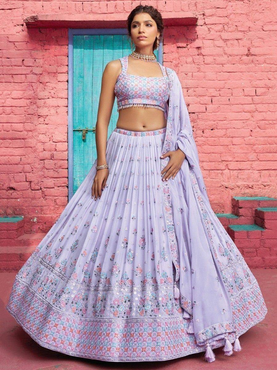 Lavender floral lehenga choli with embroidery, perfect for Indian ethnic wear and festive occasions