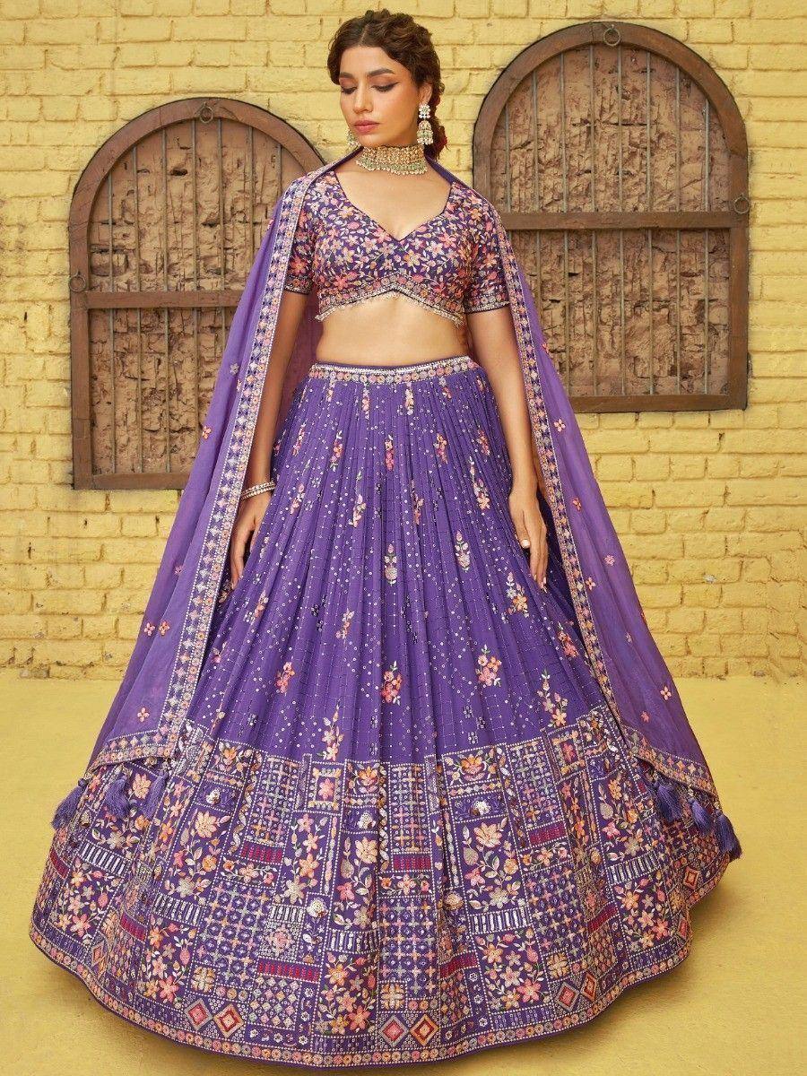 Purple floral lehenga choli with dupatta, ethnic Indian wear for weddings and festivals