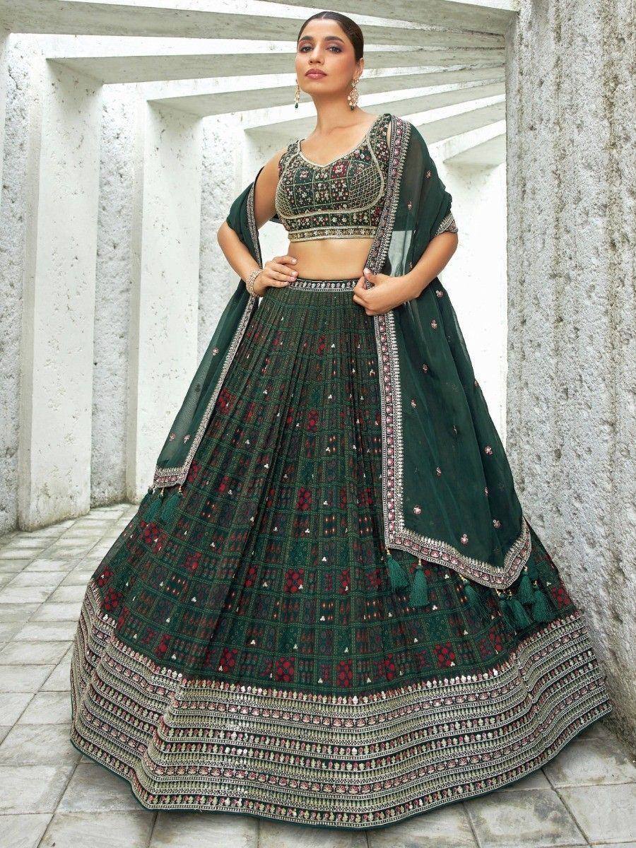 Emerald green embroidered lehenga choli with dupatta, Indian ethnic wear for weddings and festivals