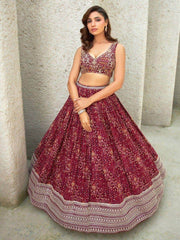 Stunning Maroon Sequins Organza Wedding Wear Lehenga Choli