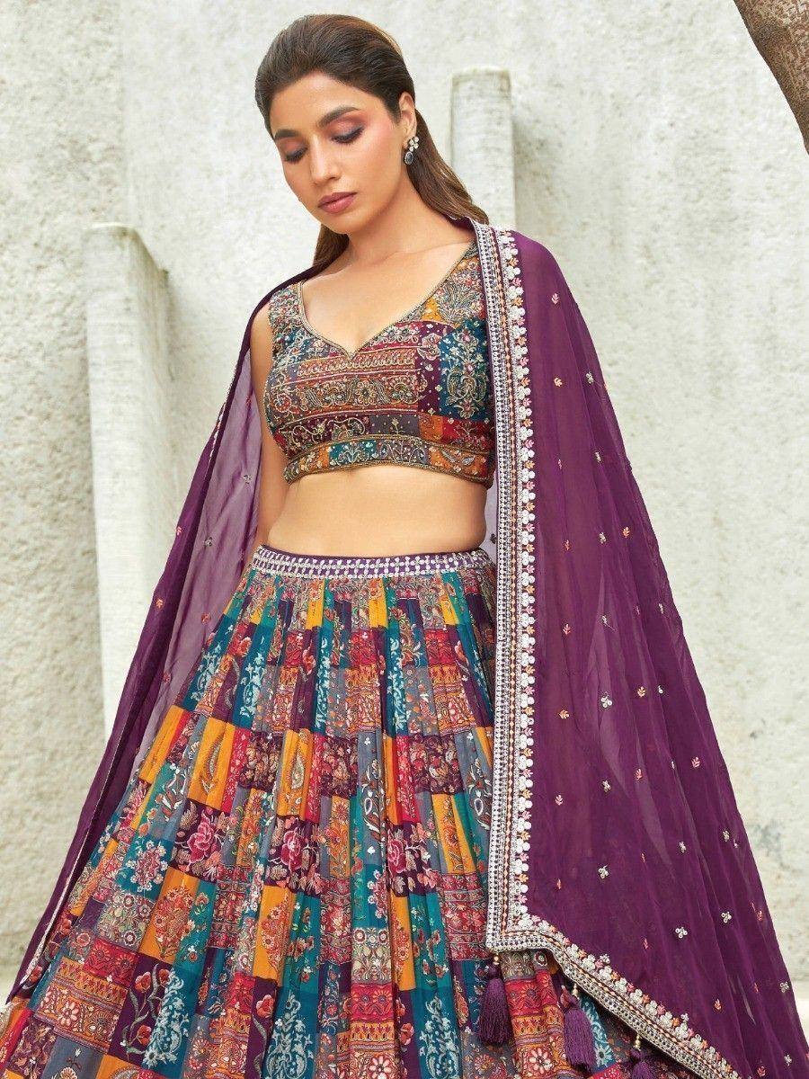 Colorful patchwork lehenga choli with purple dupatta, ethnic Indian wear for festive occasions