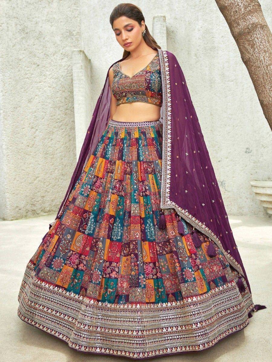 Colorful patchwork lehenga choli with purple dupatta, ethnic Indian wear for weddings and festivals