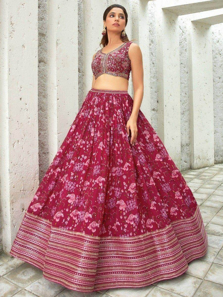 Fascinating Pink Floral Printed Organza Reception Wear Lehenga Choli
