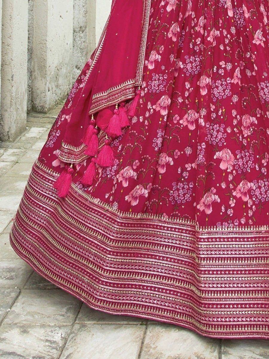 Pink floral lehenga with tassels and embroidered border, Indian ethnic wear