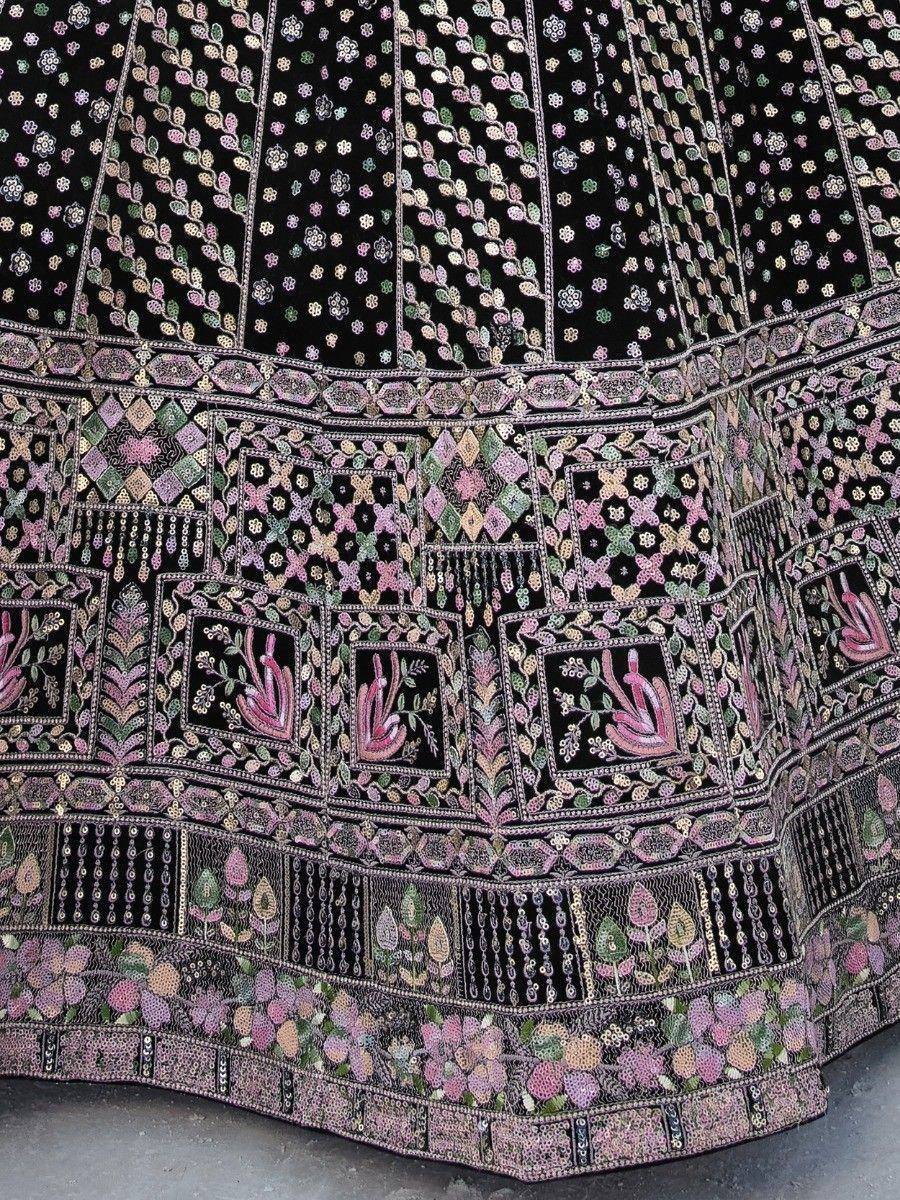 Black lehenga with pink and green floral embroidery and sequin work, ethnic Indian wear