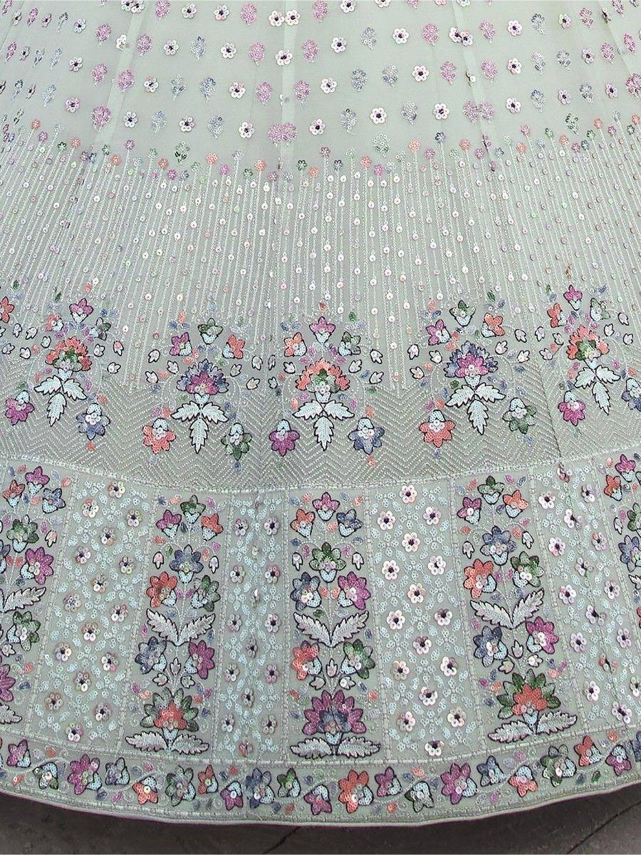 Pastel green lehenga skirt with floral embroidery and sequin detailing, ideal for Indian ethnic wear