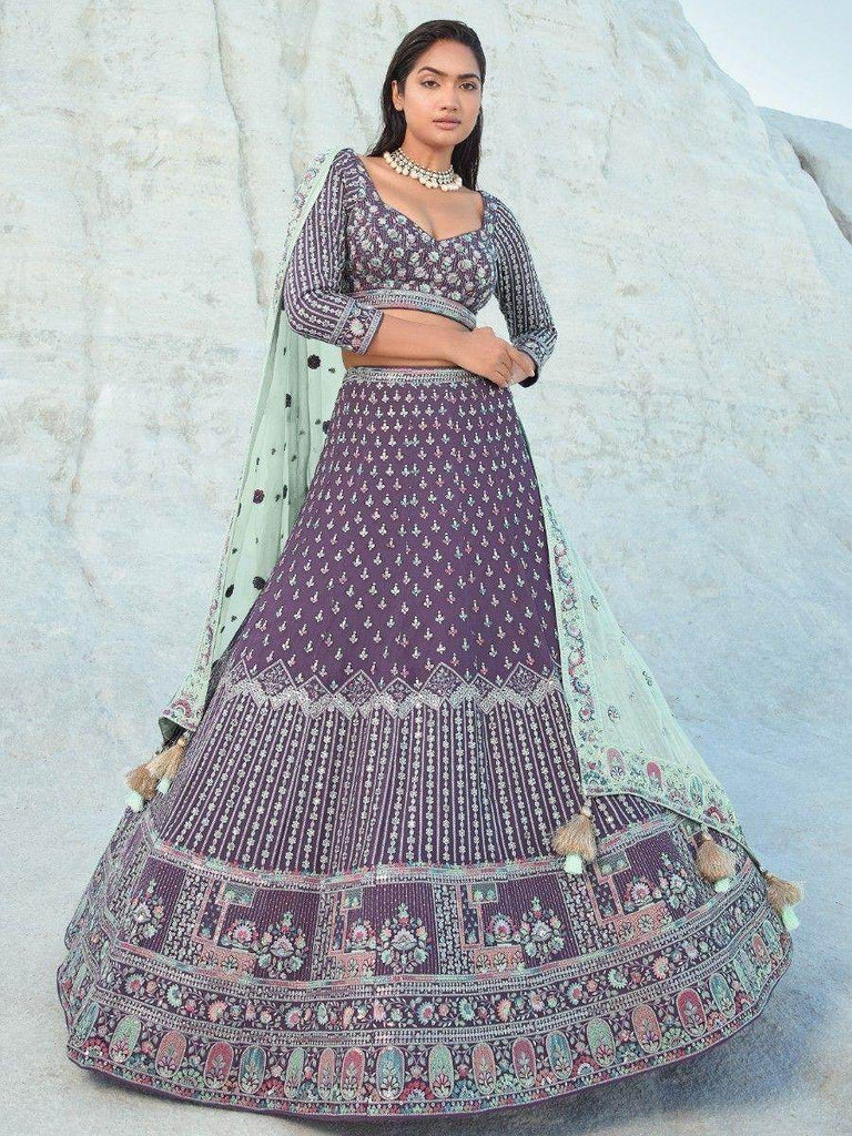 Captivating Purple Sequins Georgette Lehenga Choli With Dupatta