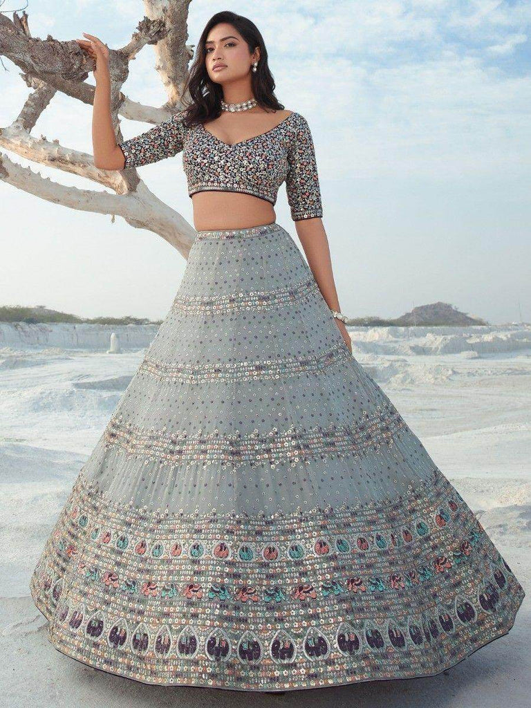 Amazing Grey Sequins Georgette Wedding Wear Lehenga Choli