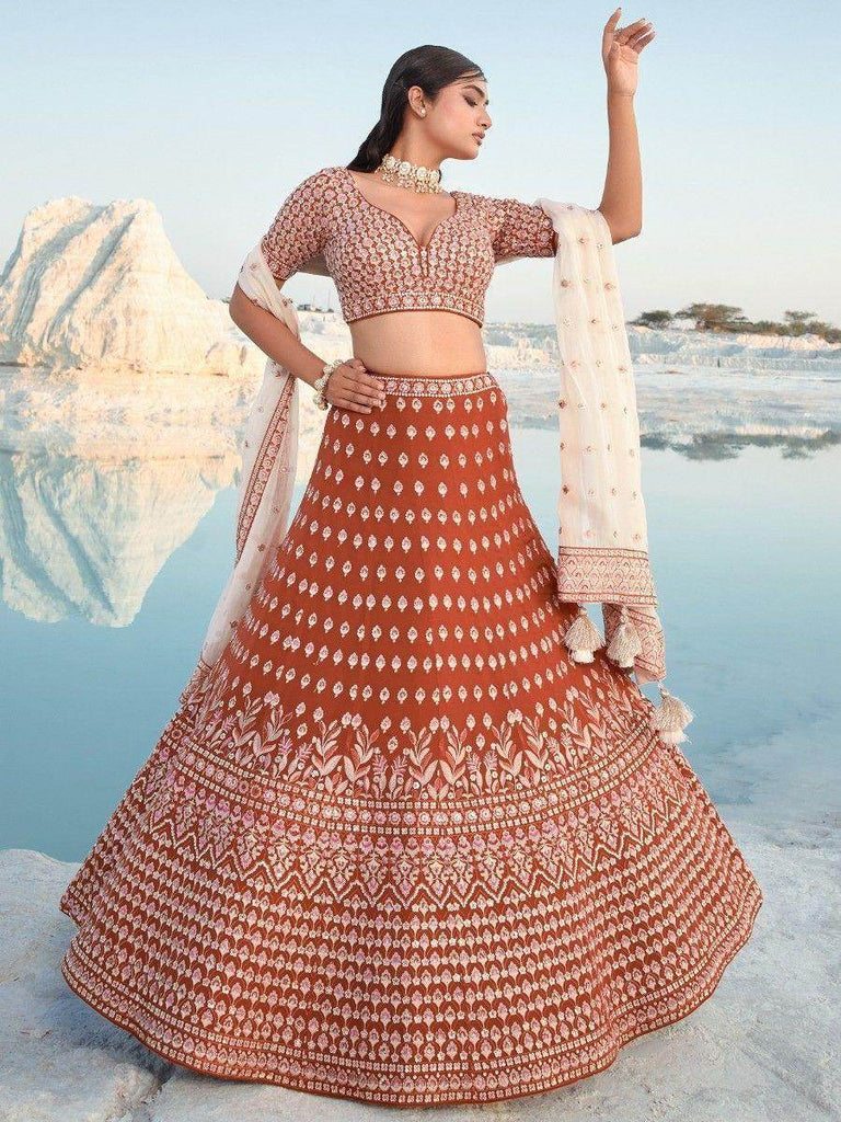 Charming Orange Sequins Georgette Reception Wear Lehenga Choli