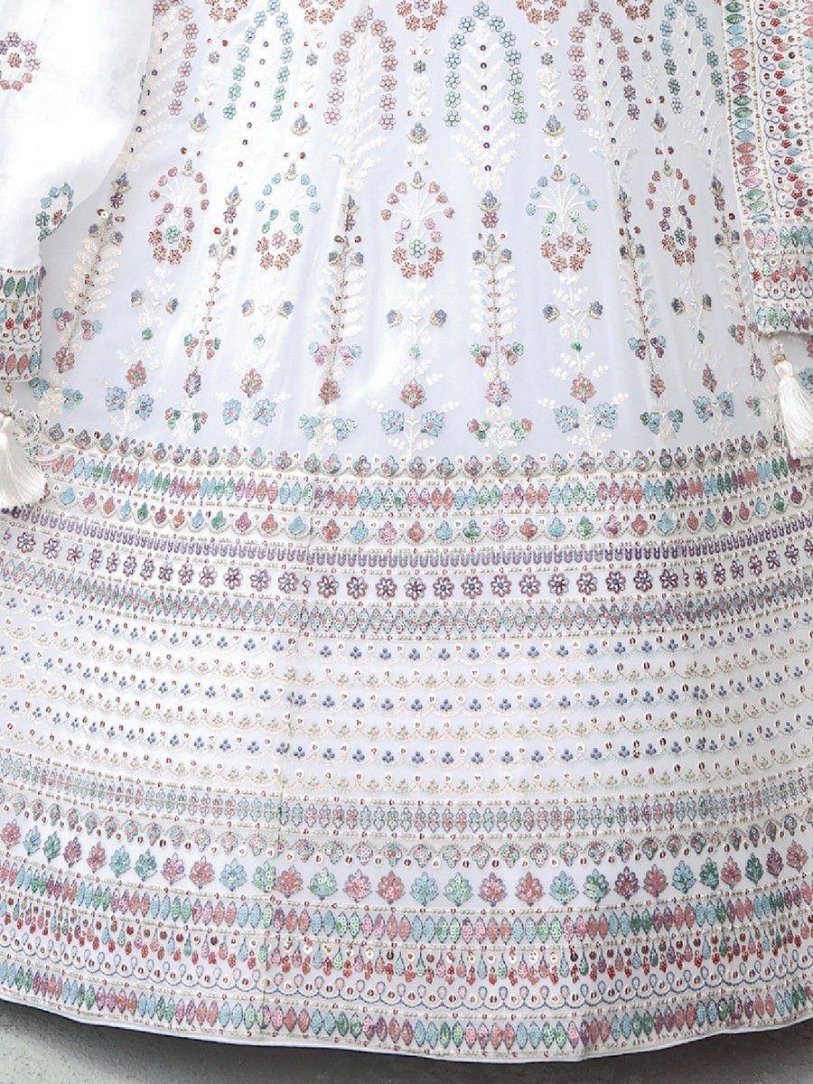 White ethnic gown with multicolor floral embroidery and detailed border work, perfect for Indian occasions
