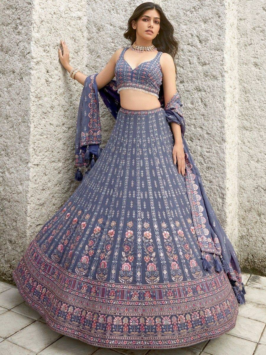 Blue floral printed lehenga choli with dupatta, ethnic Indian wear for weddings and parties
