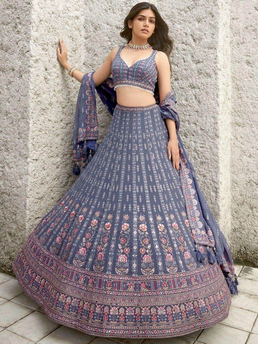 Fabulous Dusty Blue Sequins Georgette Bridesmaid Lehenga Choli