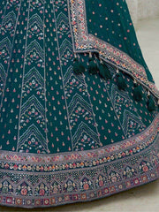Pleasant Teal Blue Sequins Georgette Reception Wear Lehenga Choli