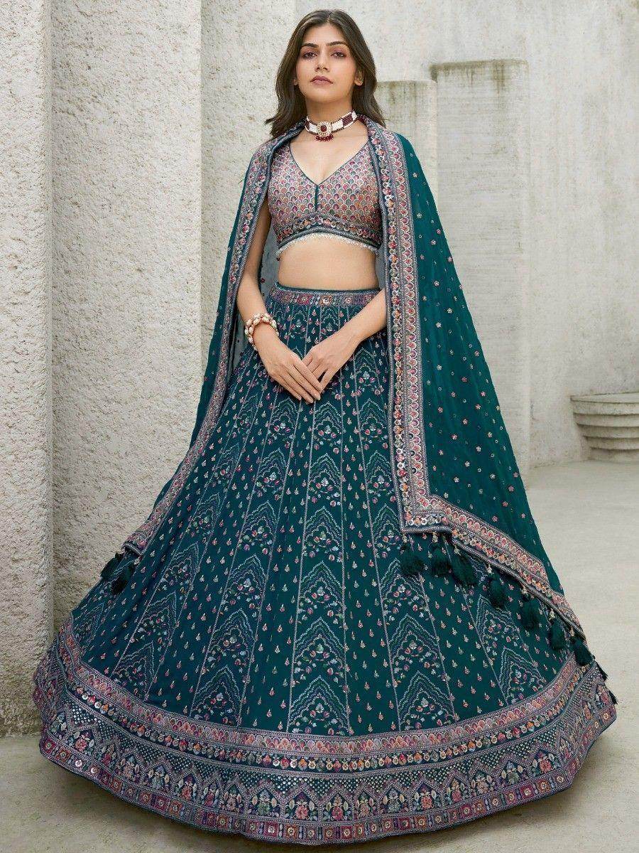 Pleasant Teal Blue Sequins Georgette Reception Wear Lehenga Choli