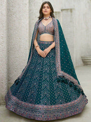 Pleasant Teal Blue Sequins Georgette Reception Wear Lehenga Choli