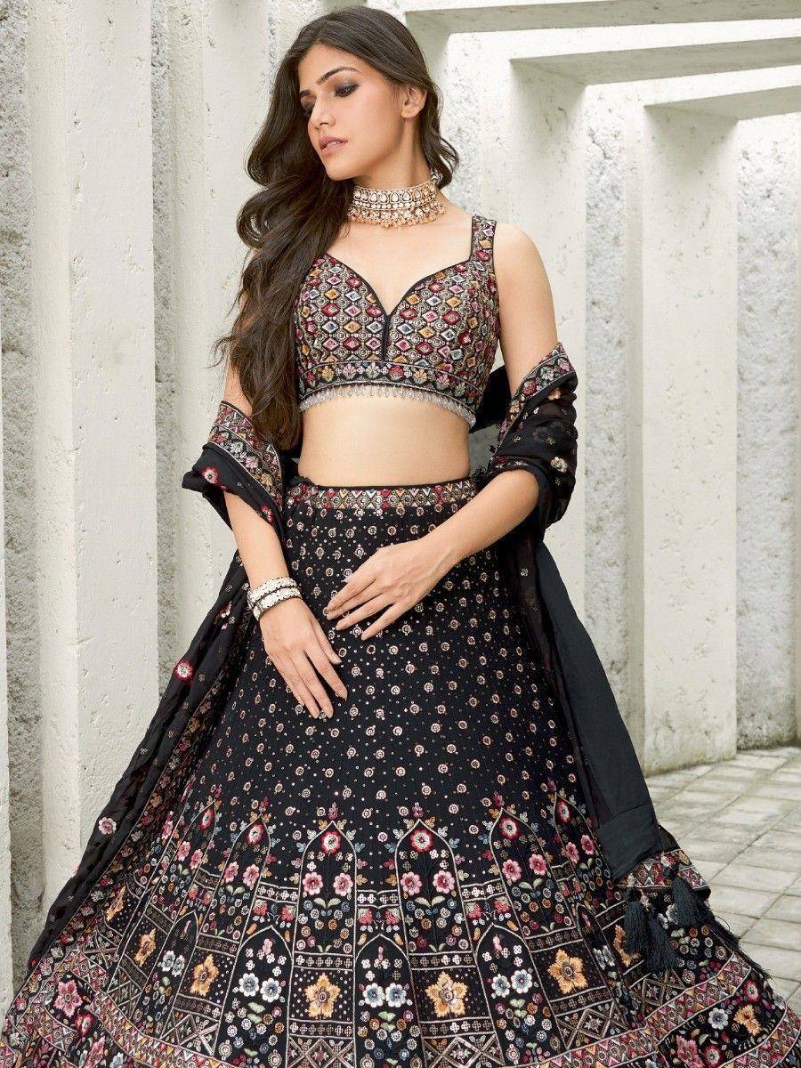 Black floral embroidered lehenga choli with dupatta, Indian ethnic wear for weddings and parties