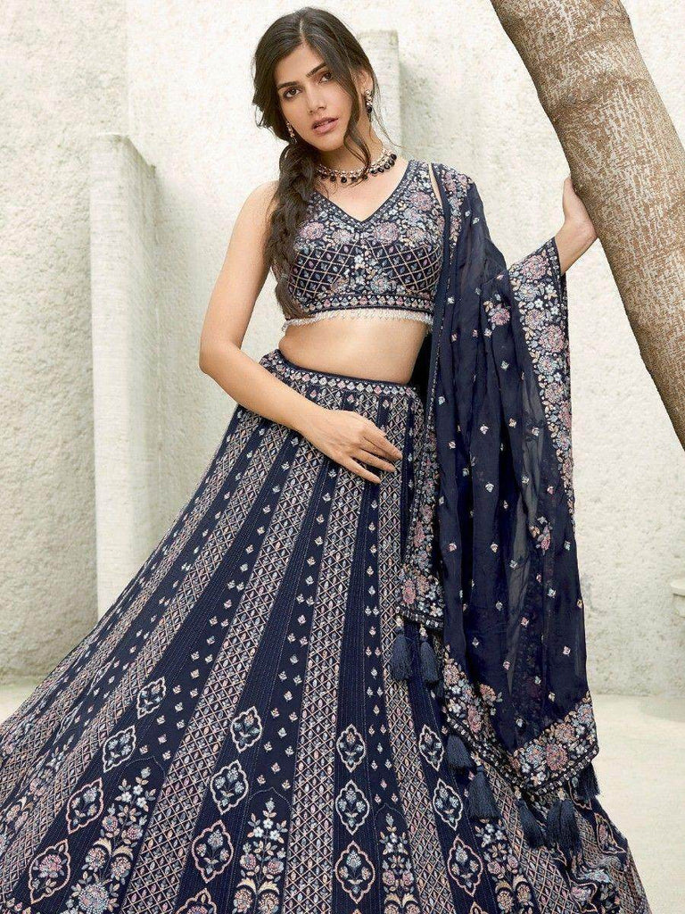 Lovely Navy Blue Sequins Georgette Engagement Wear Lehenga Choli