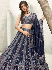 Lovely Navy Blue Sequins Georgette Engagement Wear Lehenga Choli