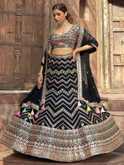 Beautiful Black Mirror Work Georgette Reception Wear Lehenga Choli